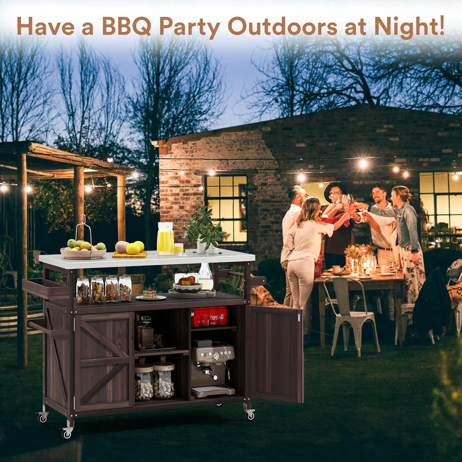 ZIVACATE Outdoor Grill Cart With Storage Solid Wood Kitchen Island on Wheel Stainless Steel Tabletop