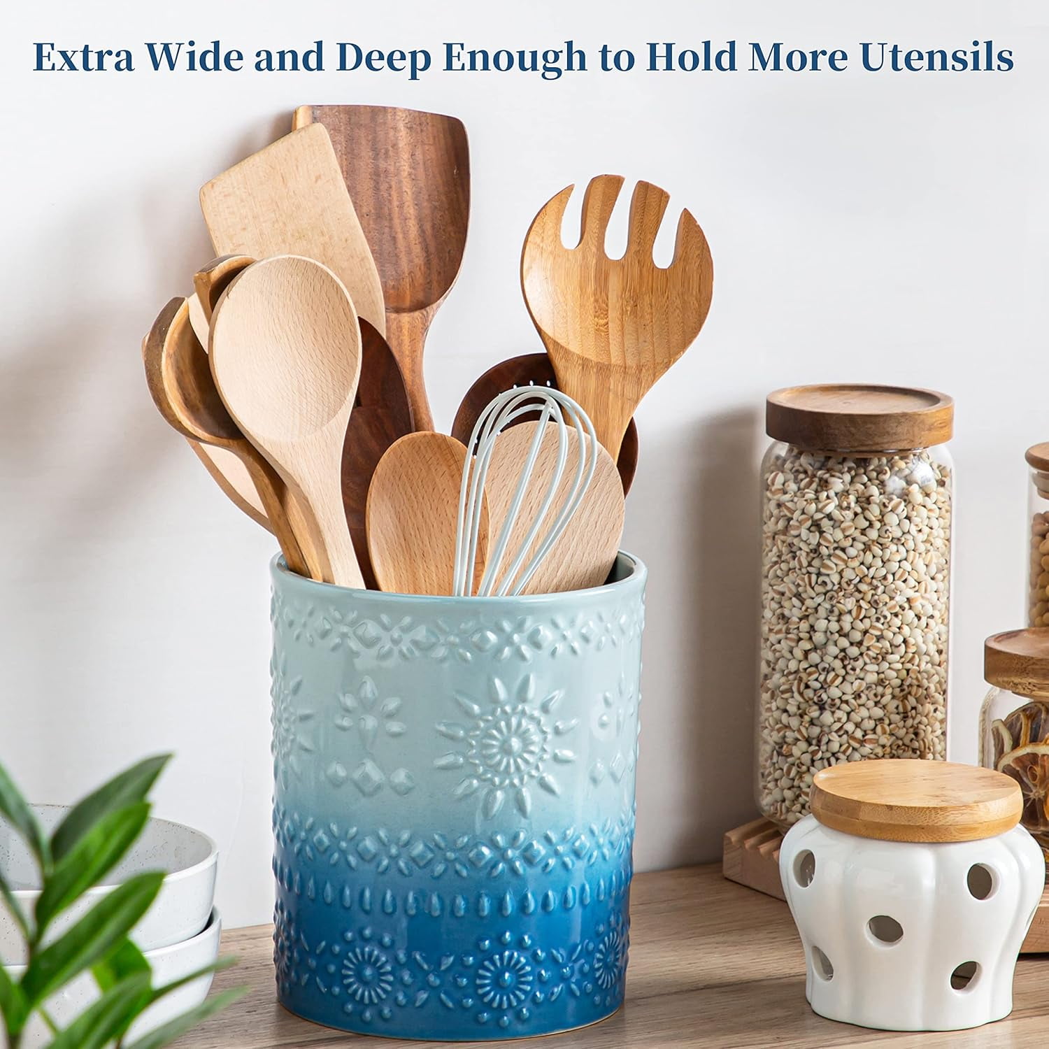 KitchenKey Extra Large Kitchen Utensil Holder, 7.2" Ceramic Farmhouse Utensil Holder For Kitchen Décor Countertop With Heavy And Sturdy Base, Utensil Crock Organizer, Blue