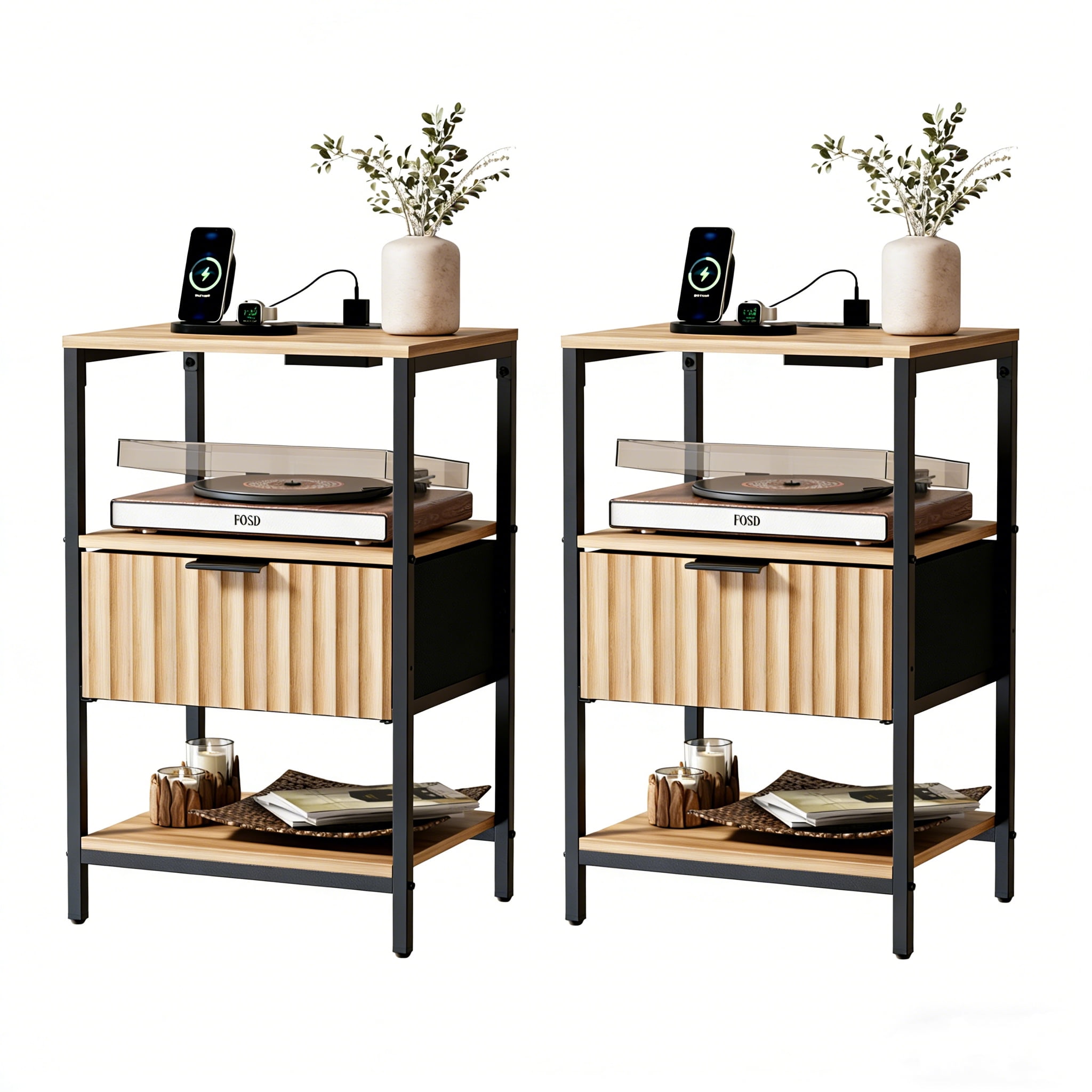 Ktaxon Fluted Nightstand with Charging Station End Table with Drawers Bedside Table Furniture for Bedroom, Living Room, Oak