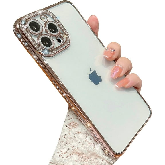 iPhone 15 Pro Glitter Case, Clear Glitter Shiny Shockproof Diamond Rhinestone Bling Full Camera Protection Soft Women Girls Case for iPhone 15 Pro -Rose Gold