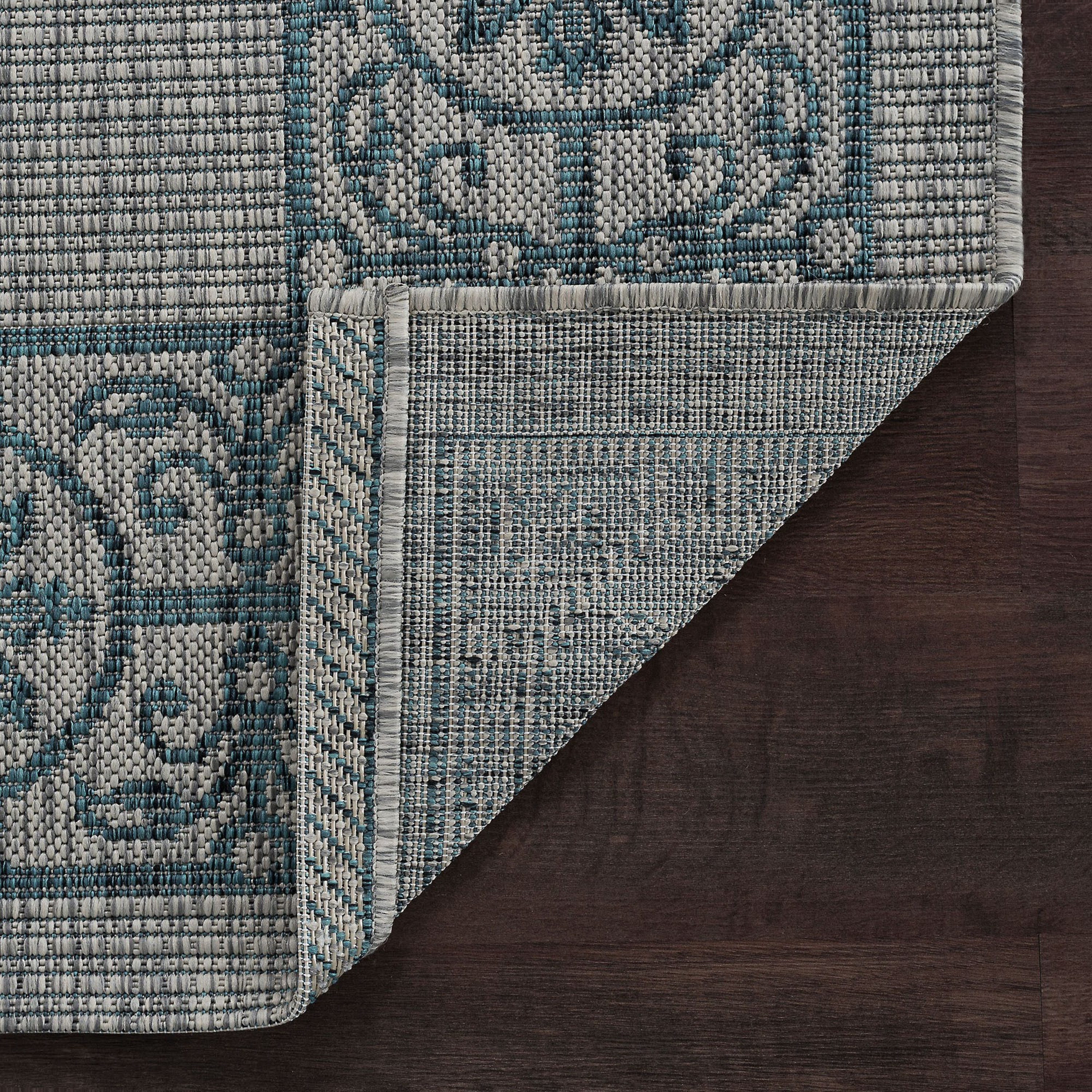 Veranda Traditional 2.7' x 7' Teal and Light Gray Polypropylene Outdoor Area Rug