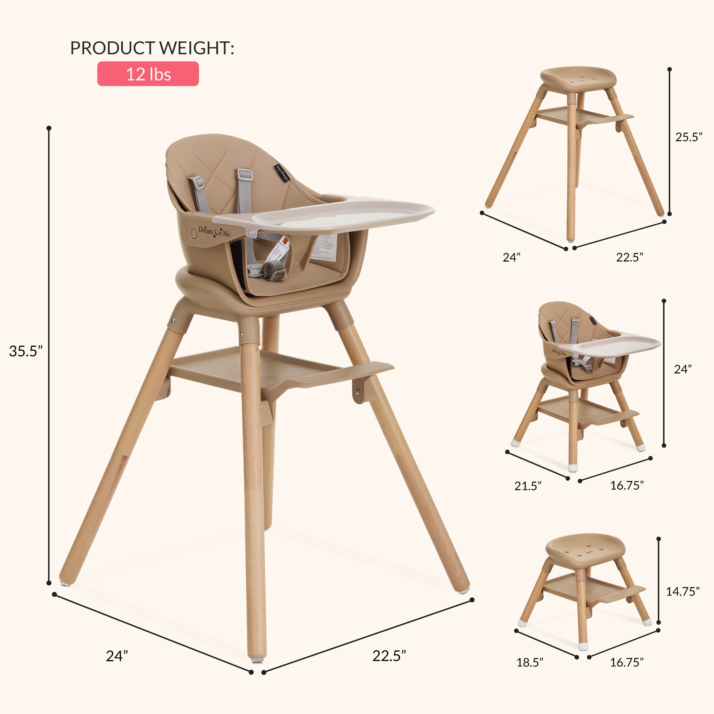 Dream On Me Nibble Nest 3-in-1 Highchair, Beige