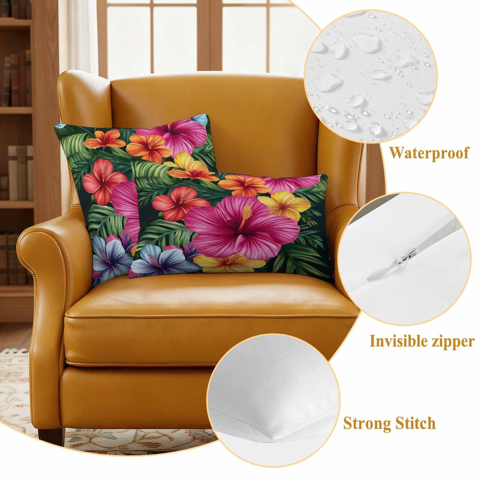 Outdoor Pillow Covers Hibiscus Flower Pink Floral Waterproof Pillow Cases 18x18 Set of 2, Country Watercolor Green Leaves Throw Pillow Cover Pillowcase for Patio Balcony Couch Garden