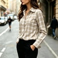 thumbnail image 6 of Hueook Plaid Button Down Shirt For Women Flannel Collared Work Tops Dressy Gingham Fall Long Sleeve Checkered Blouse Khaki M, 6 of 8