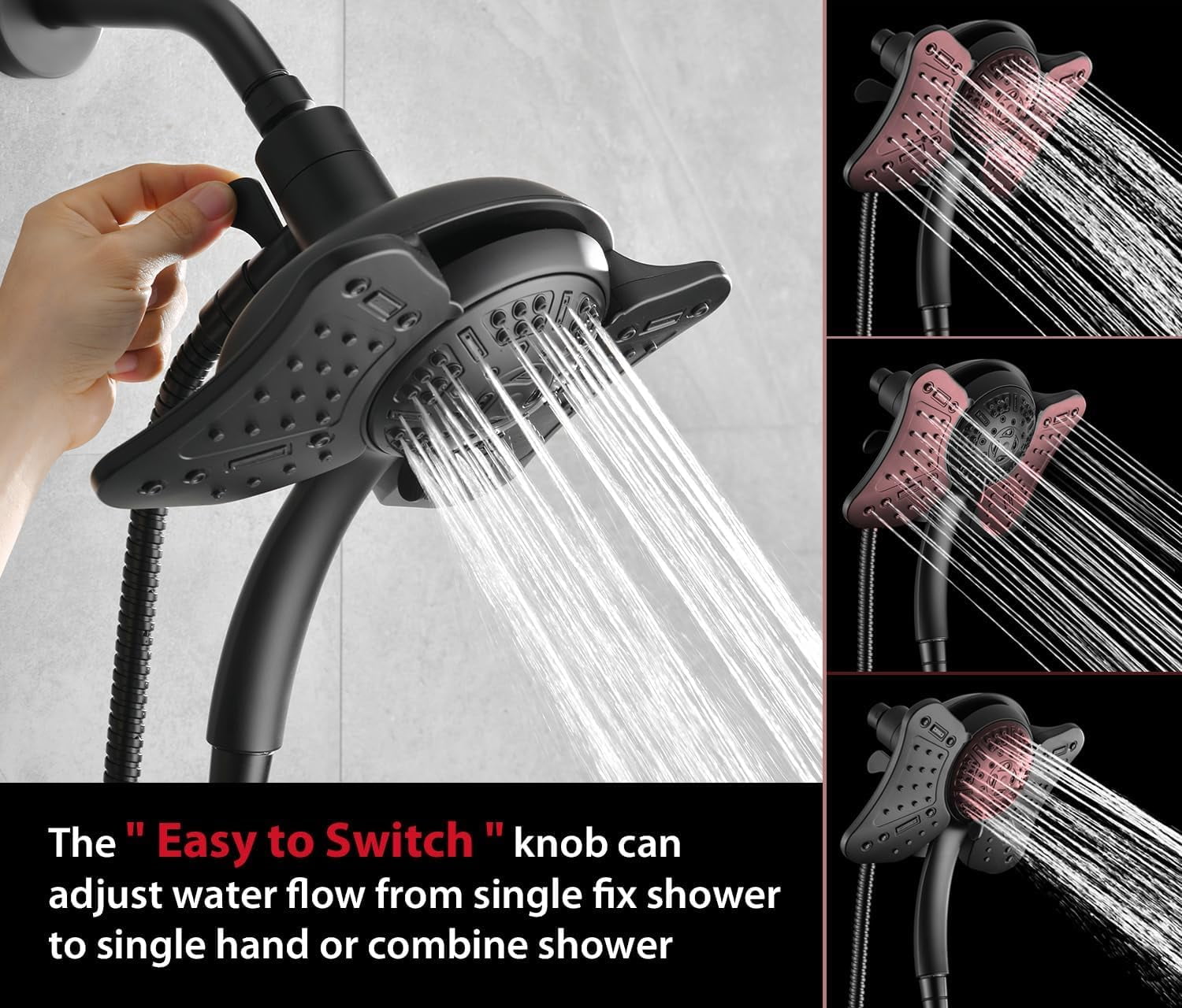 KESTE Shower Head with Handheld Spray Combo: High Pressure 2 in 1 Shower Heads with 60” Hose & 9 Mode Adjustable Handheld Shower, Double Rain Showerhead for Bathroom with Anti-Clog Nozzles, Black