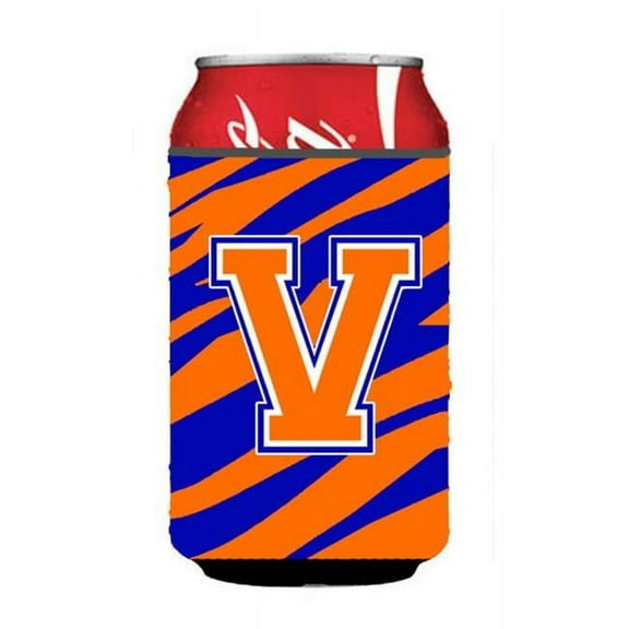 Letter V Initial Monogram - Tiger Stripe - Blue Orange Can Or Bottle  Hugger
