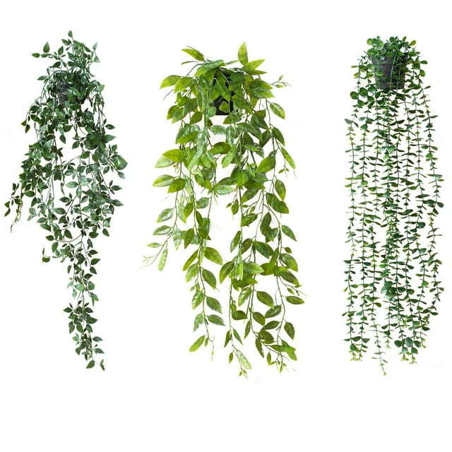 Pack de 3 plantas colgantes artificiales hojas de eucalipto con macetas