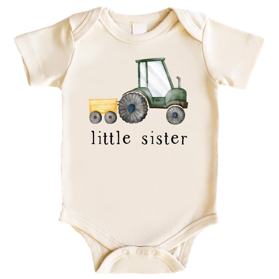Little Sister Farm Tractor Sibling Reveal Bodysuit for Baby Girl Birth Announcement Family Outfit Natural Bodysuit Newborn