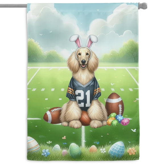 Happy Easter Hello Spring Afghan Hound Playing Football House Flag 28x40in Double Sided Dog Lover Outdoor Decor - 13003