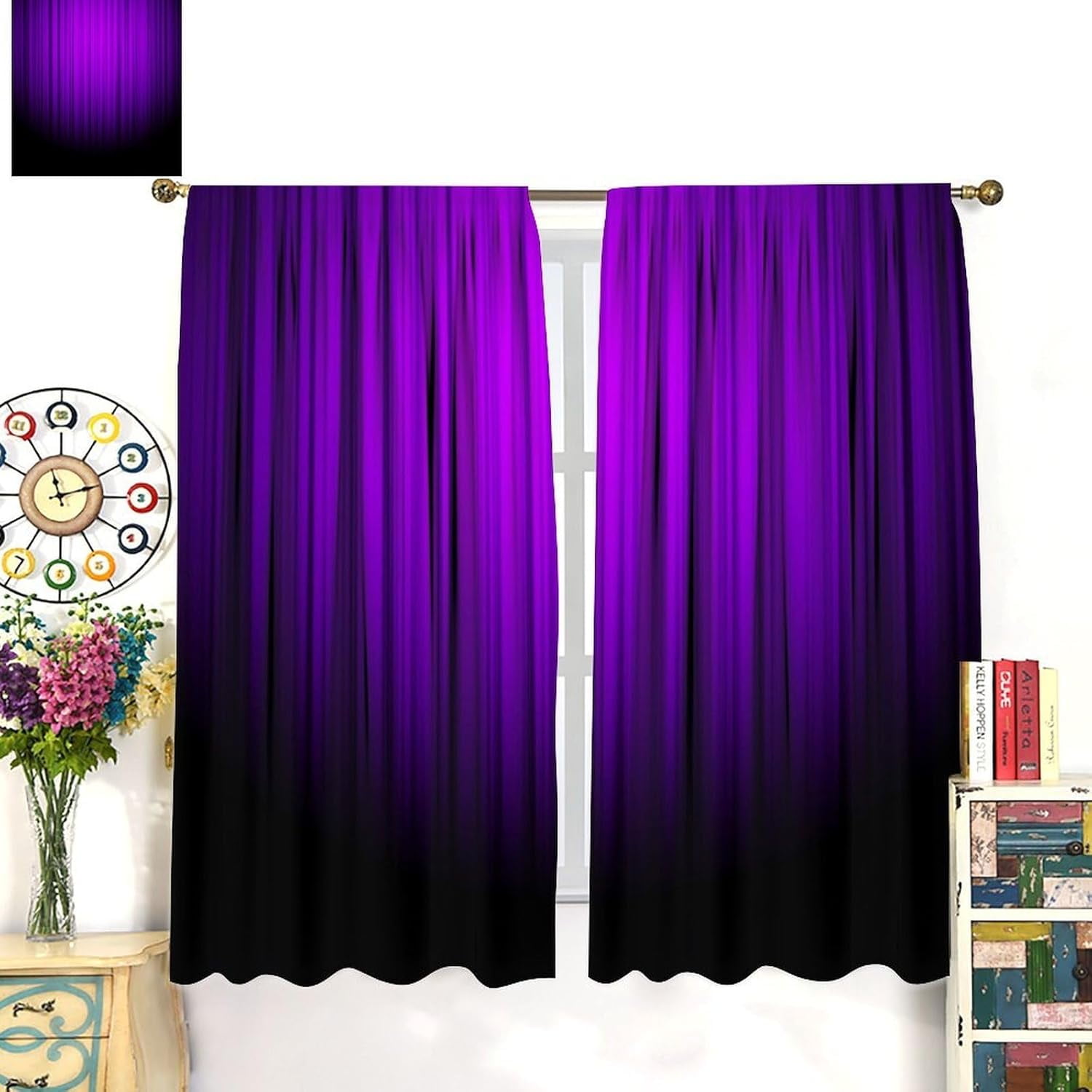 Purple and Black Curtains Funny Striped Ombre Elegant Design Bright Solid Dark Abstract Gradient Blackout Rod Pocket Curtains for Bedroom Living Room Kitchen Window Drapes 2 Panel Set 42x54 Inch