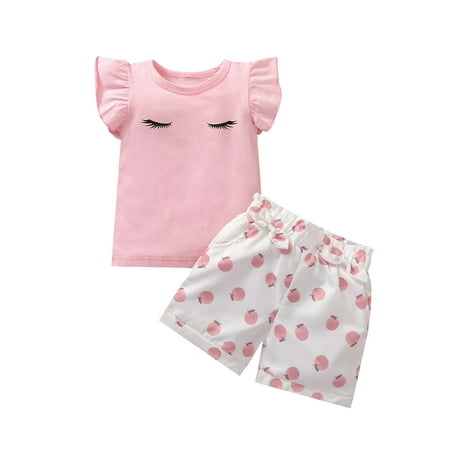 

GWAABD Toddlers Girls Clothing Pink Cotton Blend Baby Girls Fly Sleeve Solid Vest Tops+Floral Shorts Set Outfits 140