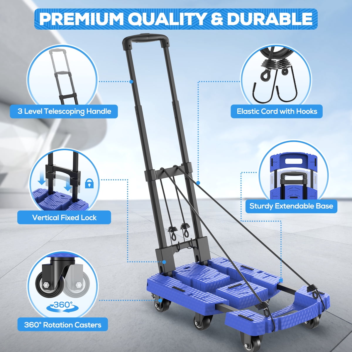 TNTANTS Folding Hand Truck, 500 LB Heavy Duty Portable Dolly Cart, 6 Wheels Collapsible Luggage Trolley with 3 Elastic Ropes, Hand Cart for Travel, Moving, Shopping, Blue