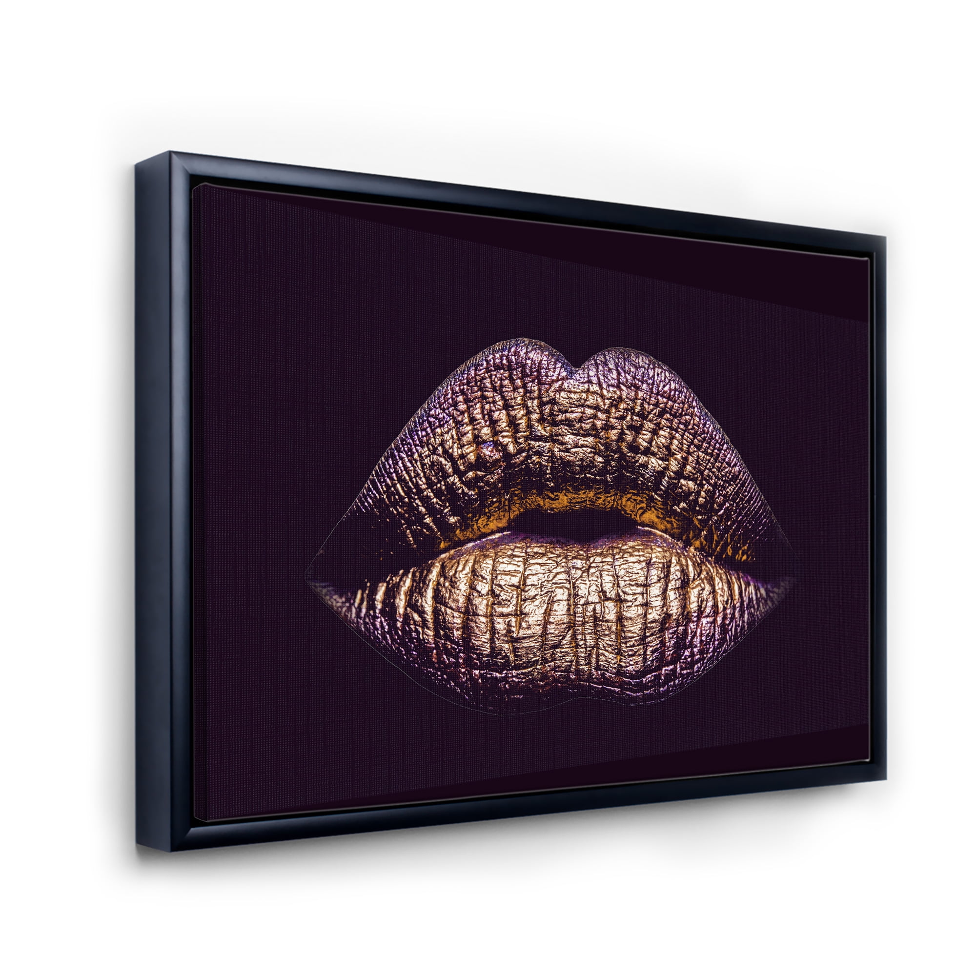 Designart 'Sexy Golden Metallized Woman Lips III' Modern Framed Canvas Wall Art Print