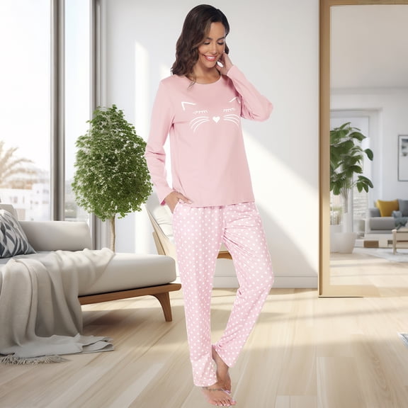 DEJI Women 2 Piece Cotton Top & Printed Pants Pajama Set, Long Sleeve Crew Neck Stretch Loungewear Sleep Set for Ladies with Pockets, Pink, S