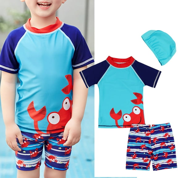 Gyratedream 2-13T Kids Boys Cartoon 3Pcs Short Sleeve Shirt Shorts Swim Cap Sunsuit Surf Swimwear