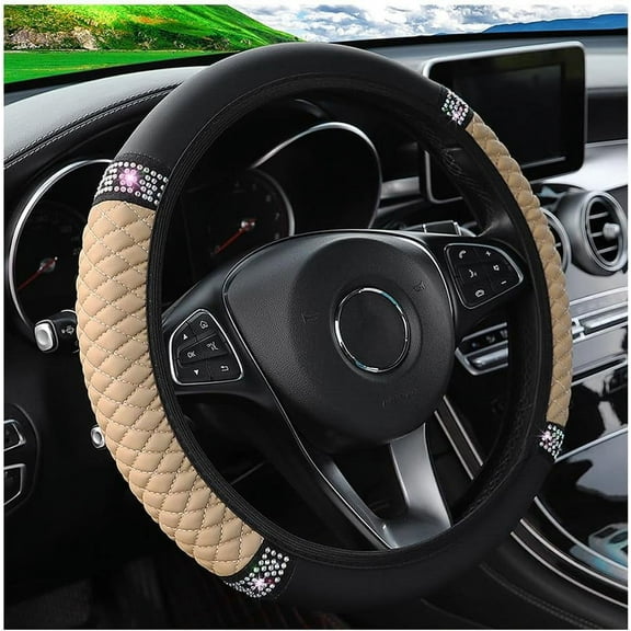 Bling Car Steering Wheel Cover, 15 Inch Rhinestones Soft Leather Elastic Steering Wheel Protector, Sparkly Crystal Diamond for Women Girls, Car Interior Accessories for Most Cars (Pink)