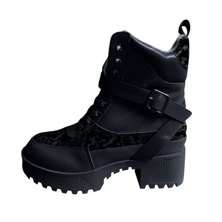 

Paiwinds Boots for Women Women s Canvas Front Lace Up Belt Buckle Leather Stitching Platform Boots Black