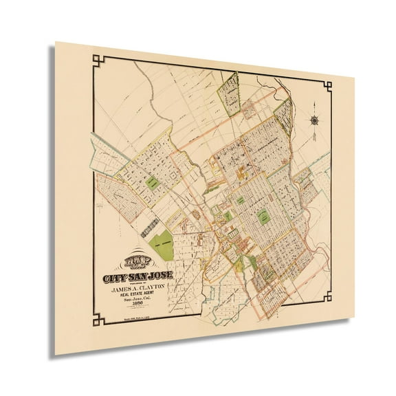 1886 San Jose California Map - Vintage San Jose Wall Map - Old City of San Jose Map - History Map of San Jose CA Showing Drainage Roads Blocks Wall Art Poster