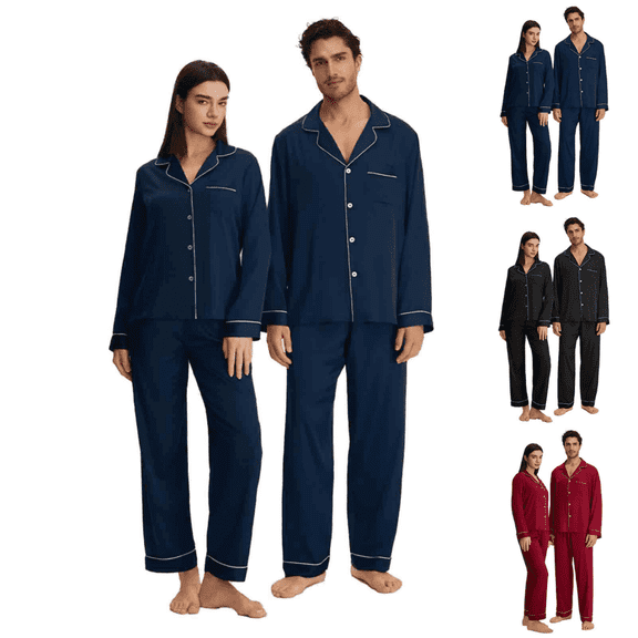 Jessboyy Matching Pajamas for Couples Valentines Cozy Button Down Satin Sleepwear Shirts and Pants His and Hers Pajama Sets Comfy Lounge Set Navy XL