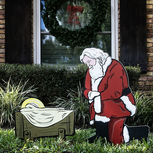 Teak Isle Kneeling Santa Outdoor Nativity Set  Weatherproof Santa
