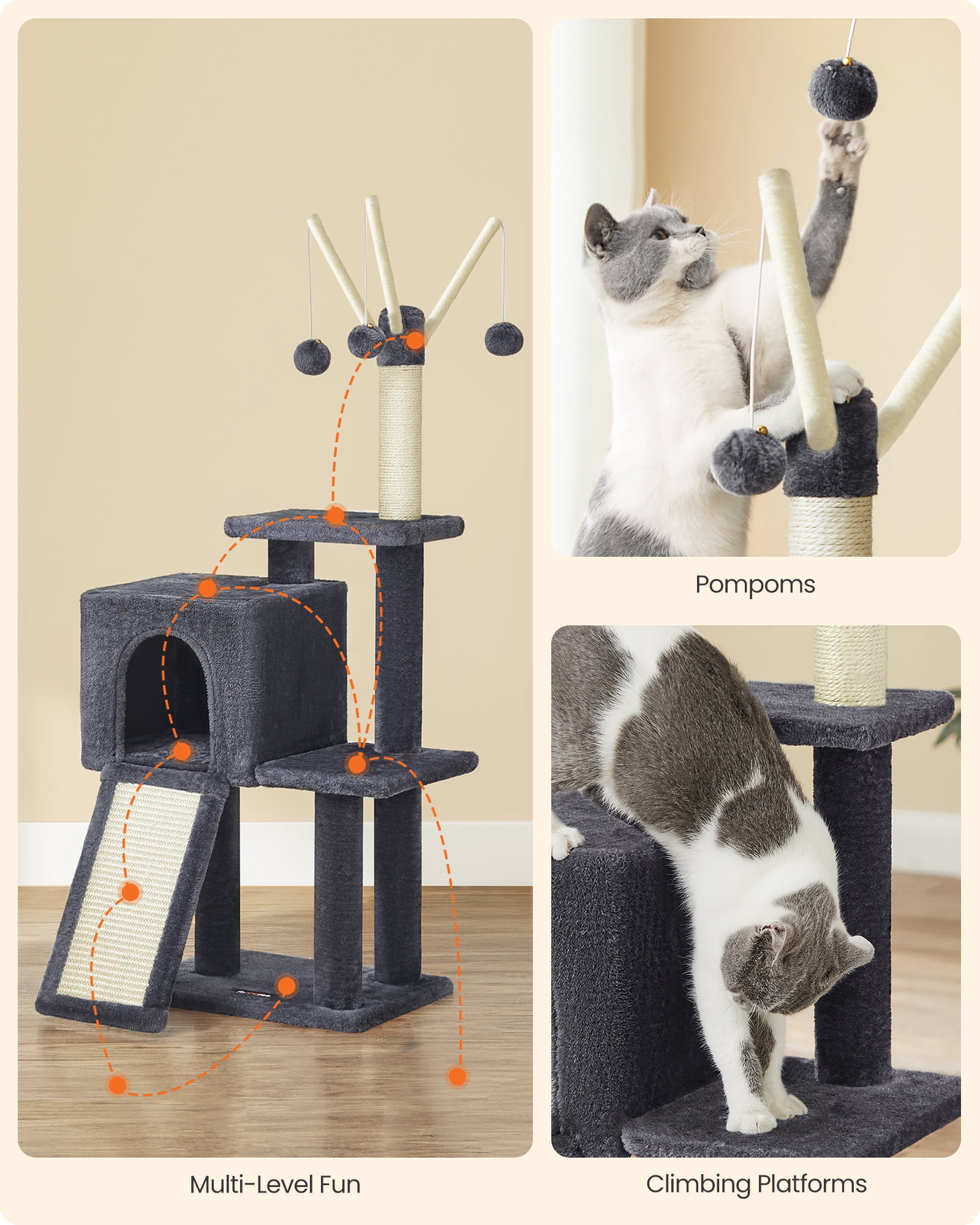 Feandrea Small Cat Tree, Multi-Level Plush Cat Condo for Indoor Cats and Kittens, 46.5 Inches, Smoky Gray