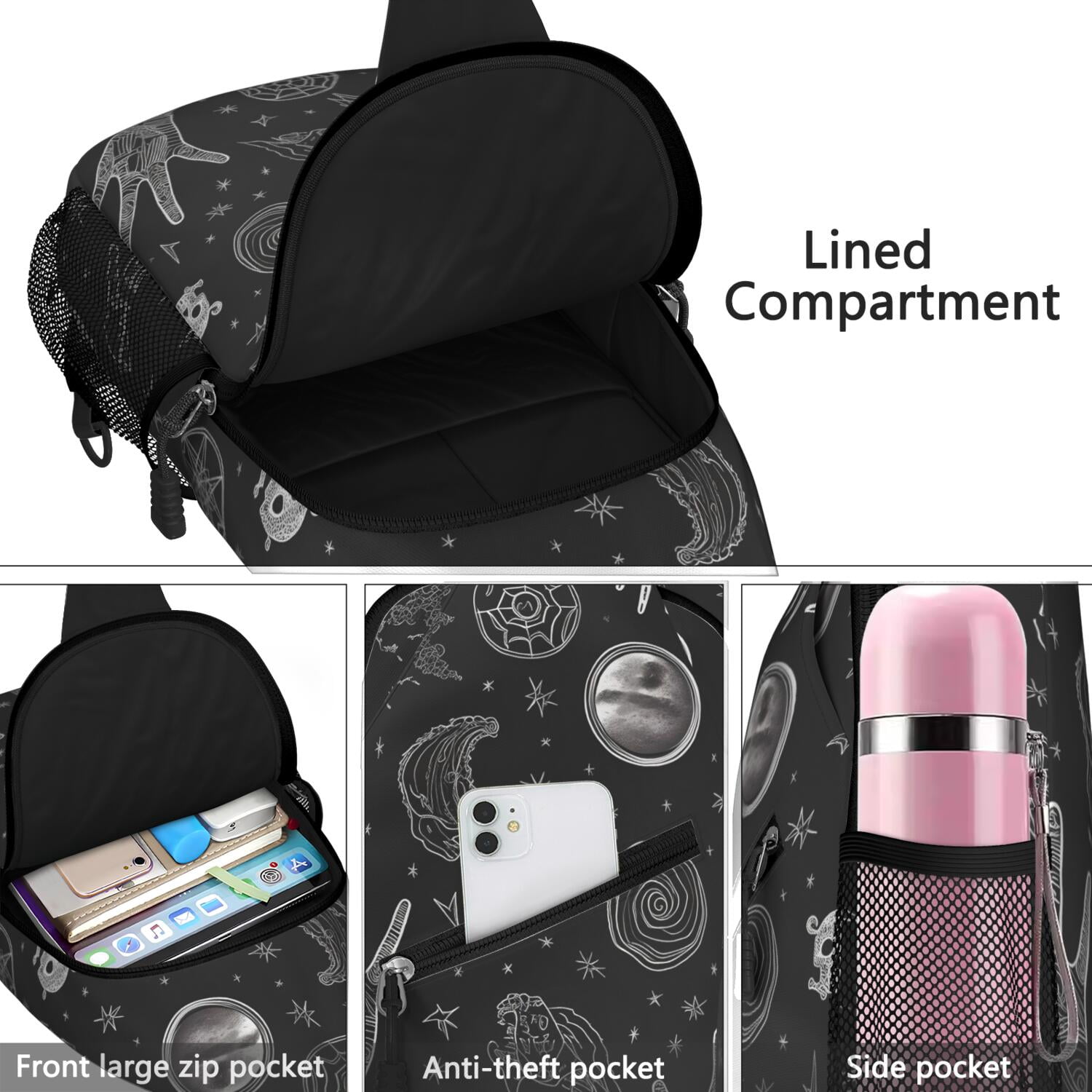 Mystical Moon and Starry Sky Chest Bag Solar and Lunar Eclipse Shoulder Backpack Anti-Theft Design & Lightweight for Commuting