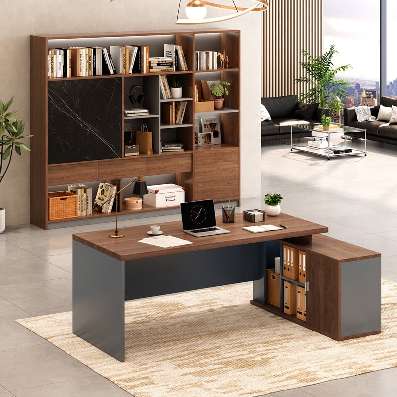 78.7" L Shaped Executive Desk Reversible Return with File Cabinet Drawers, Extra Large Modern Executive Desk Privacy Panel Workstation for Boss Managers Office Home,Walnut