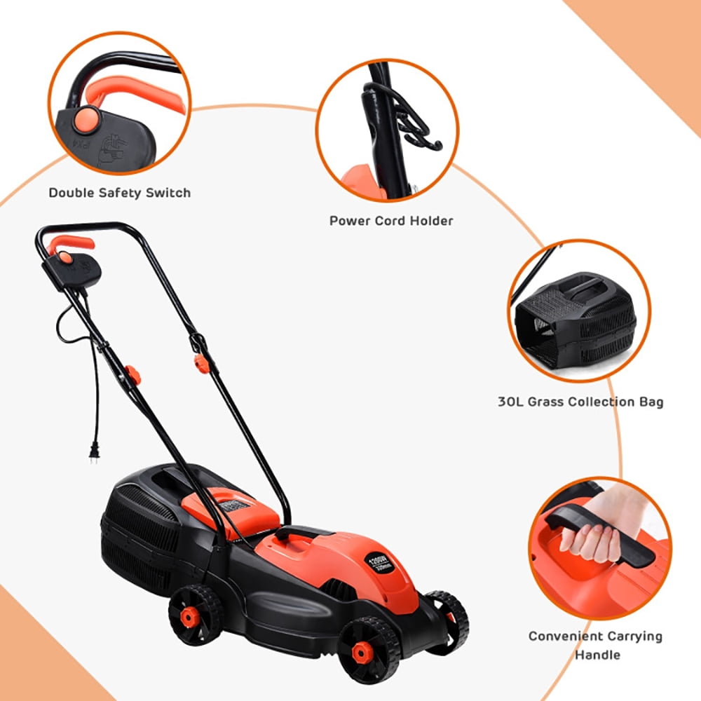 Resenkos 14” 12-Amp 120V Corded Electric Push Lawn Mower, Height Adjustable, with Grass Bag, Red