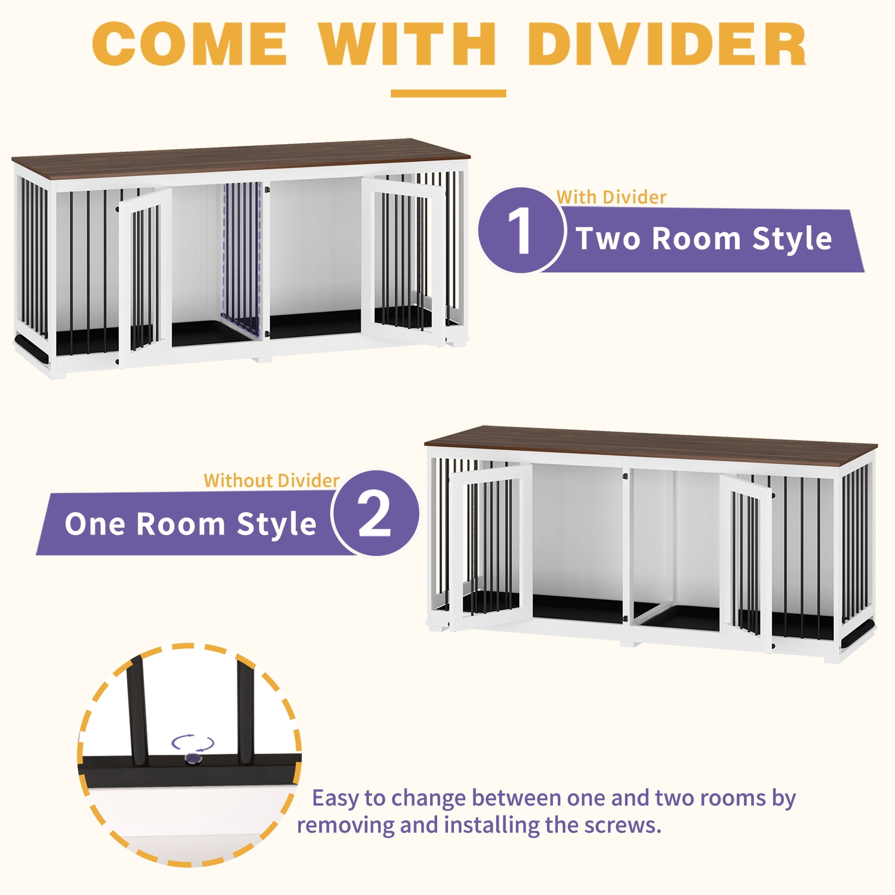 NARTRU 70.9" Large Double Dog Crate Kennel Furniture with Trays and Divider for Small Medium Large Dogs Indoor, White