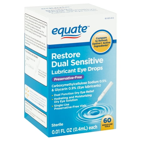 Equate Restore Dual Sensitive Lubricant Eye Drops, 0.01 fl oz, 60 Count