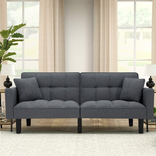AVAWING Canapé-Lit Futon Moderne Convertible de 74 Pouces, Canapé d'Appoint Rembourré Capitonné en Lin, Adulte, Gris