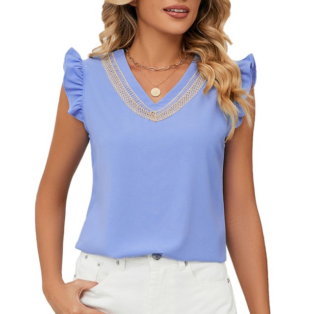 Blusas de gasa con cuello en V de verano para mujer, blusas holgadas de gasa de manga corta con volantes de Color en contraste a la moda para mujer