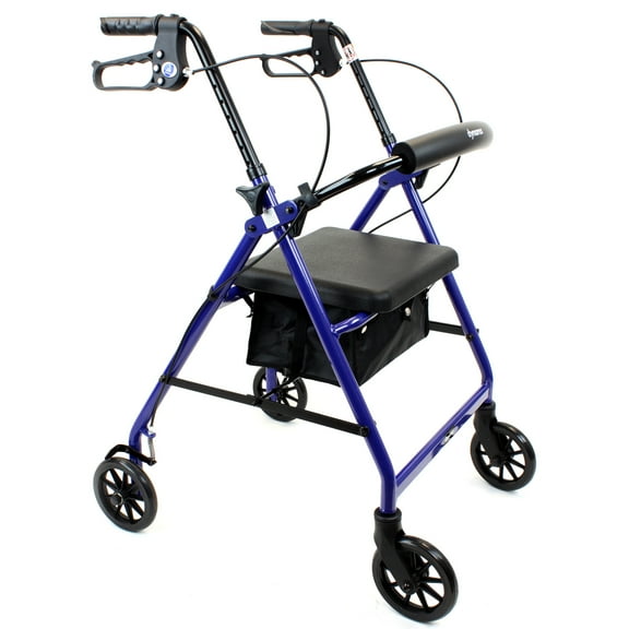 Dynarex DynaGo Quad Rollator, 6" Wheels, Padded Seat, Backrest, Storage Pouch with an Aluminum Durable Frame, 300 Lb. Weight Capacity, 1 Rollator, Blue