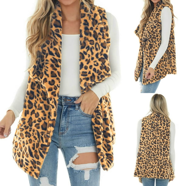Chaqueta de chaleco de leopardo de felpa con solapa de cárdigan de moda informal para mujer Fridja po2704
