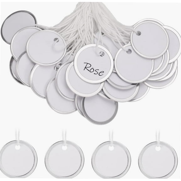 50pcs Metal Rim Key Tags, 1.22inch White Key Tags Round Paper Key Tags Blank Metal Tags Round Key Labels Key Tags with Strings for Luggage Backpack DIY Door Keys (White)