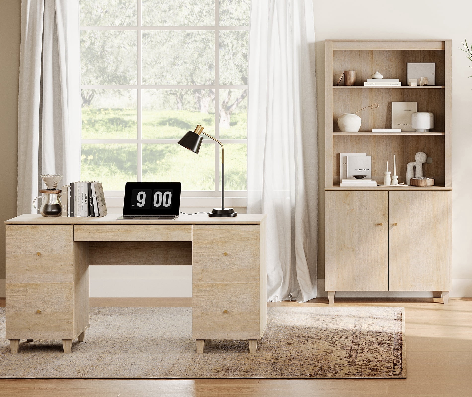 WAMPAT Home Office Furniture Set, 58" Executive Desk with Charging Station and Drawers, 71" Tall Bookcase with Doors and Adjustable Shelves for Living Room, Natural Oak