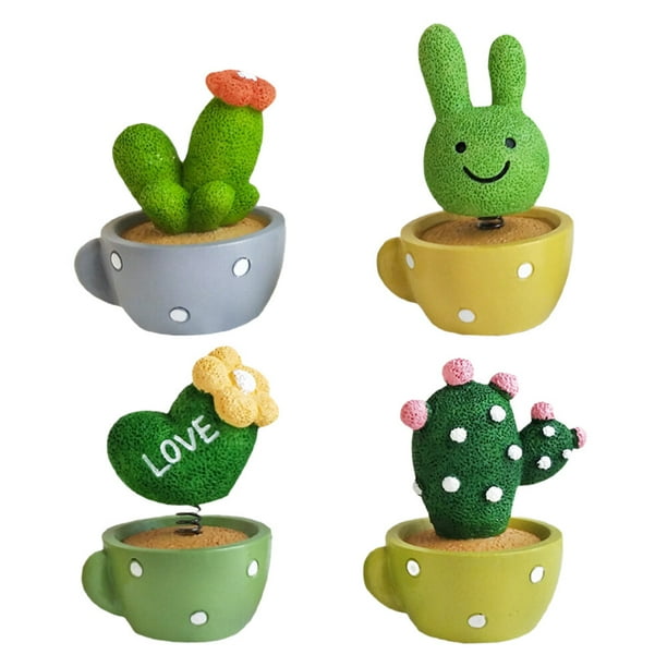 FELTECHELECTR 4 piezas de cactus en maceta para decorar el coche, primavera, repostería (verde)