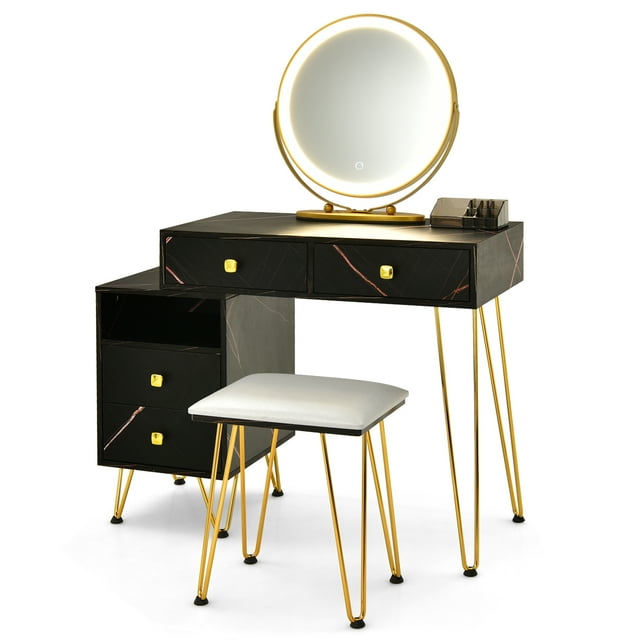 Patiojoy Bedroom Makeup Vanity Dressing Table Stool Set with 3 Colors Lighted Mirror Large Storage Cabinet Drawer Black