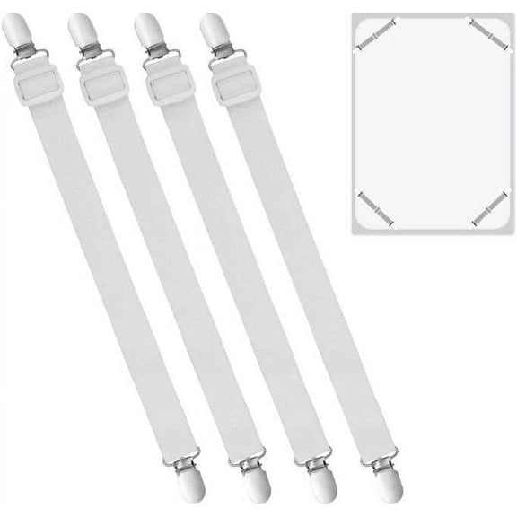 Bed Sheet Clips, 4Pcs Elastic Black&White Adjustable Sheet Suspenders Heavy Duty Sheet Holder Straps for Fitted Sheets, Sofa Covers, Couch, Tablecloths, Mattresses (White)