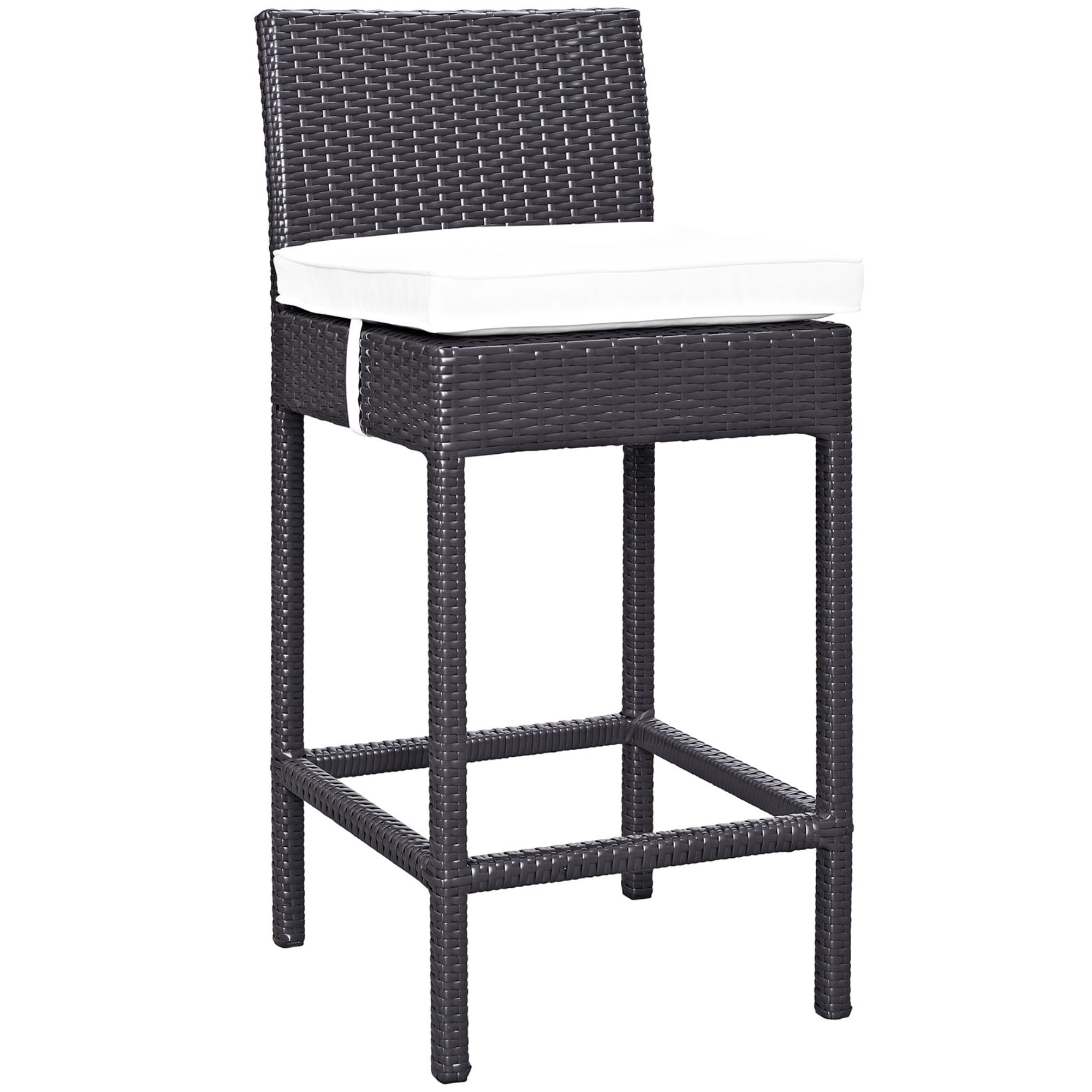 Espresso White Wicker Rattan Outdoor Bar Stool with Beige Cushion