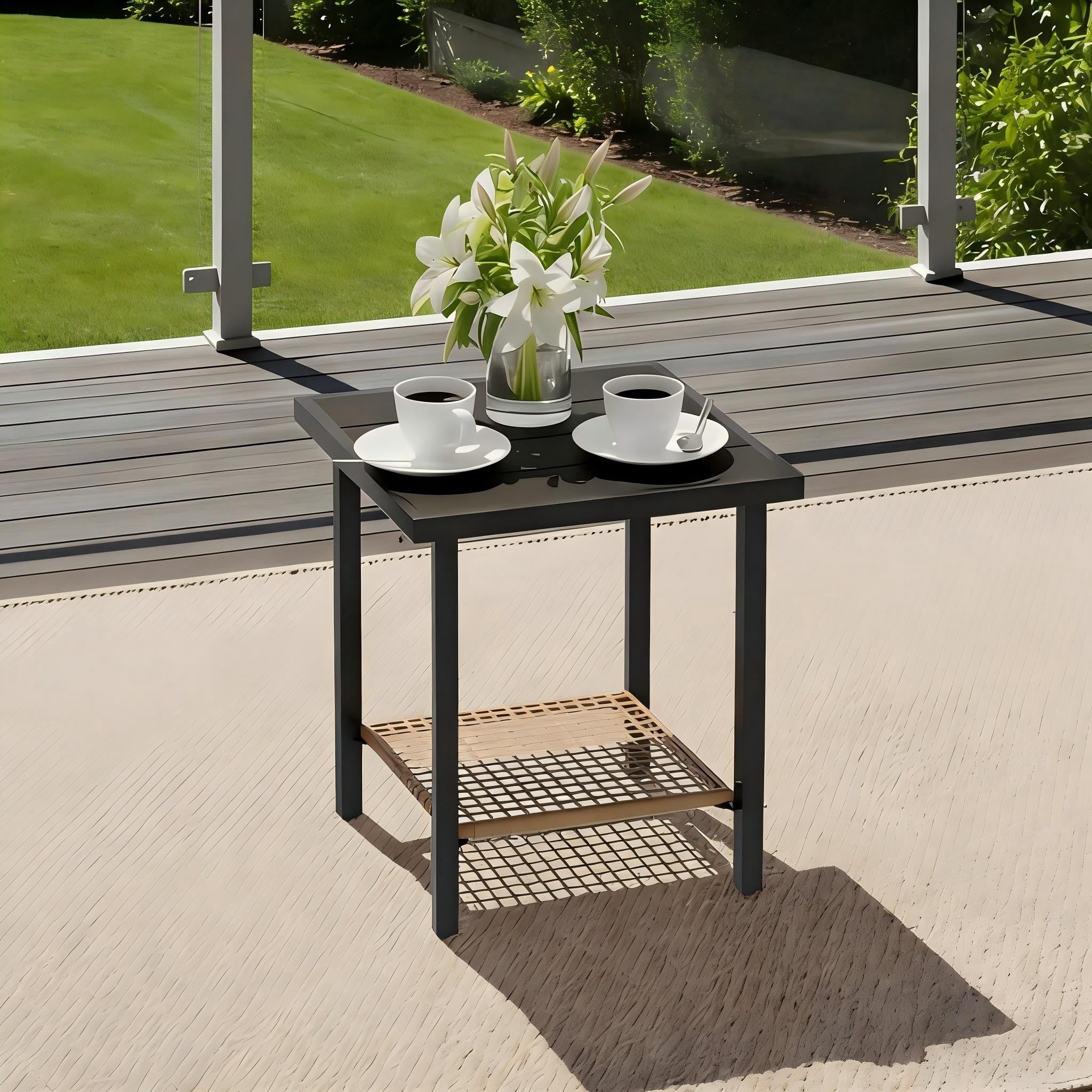 Deersky Outdoor Side Table, 17.7" Square Patio Coffee Table with Lower Wicker Shelf, All-Weather Metal Frame Table for Porch, Balcony, Backyard, Black