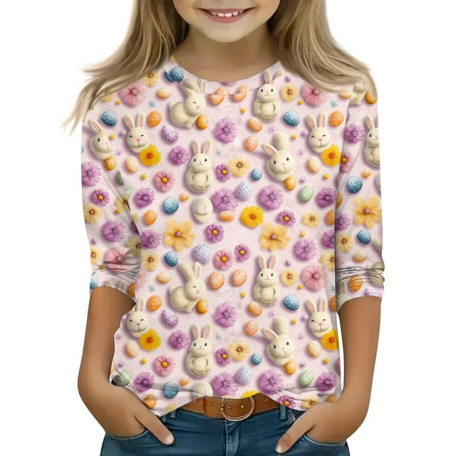 OIOLOYJM T-Shirts de Pâques pour Fille, Mignon Graphique de Lapin, T-Shirts à Manches 3/4, T-Shirt à Col Rond de Printemps, Vêtements de Mode Légers, Rose, 8-9 Ans
