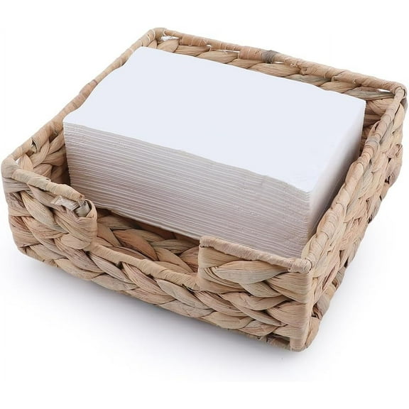 Water Hyacinth Napkin Holder Burly Rattan Handwoven Square 7.5 x 7.5 x 2.6 Inch Storage Box Basket Guest Towel Tray Rustic Paper Support for Bathroom Toilet Table Kitchen