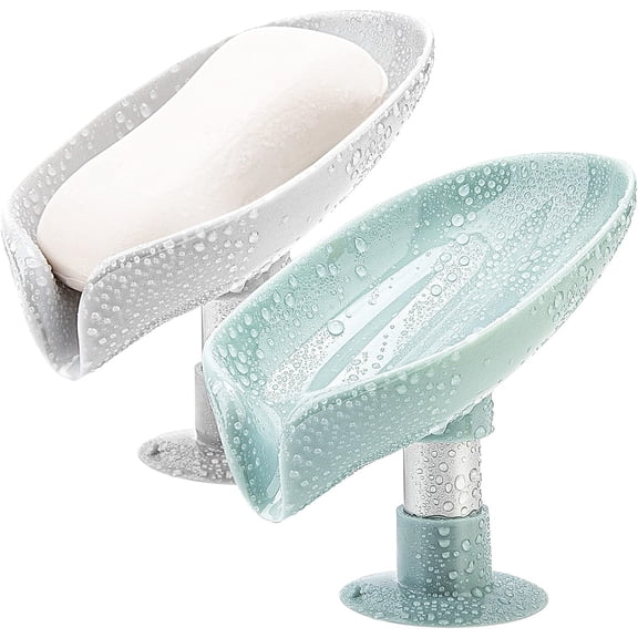 2Pack Soap Holder Leaf-Shape - Self Draining Soap Dish Holder, Not Punched Easy Clean Bar Soap Holder, with Suction Cup Soap Dish Suitable for Shower, Bathroom, Kitchen Sink (Grey Green)