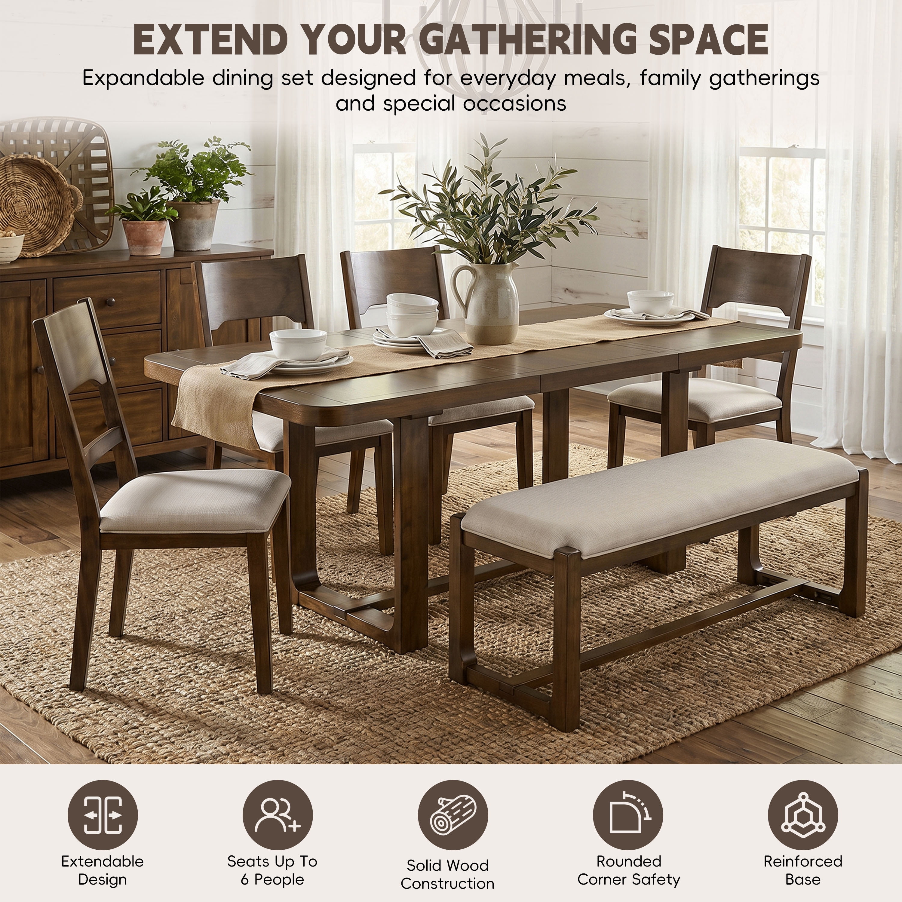 Euroco 6 Pieces Farmhouse Dining Table Set,Solid Wood Extendable Dining Table with 4 Chairs & Bench for Kitchen Dining Room, Brown+Beige