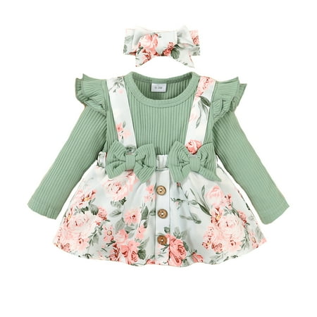 

Kucnuzki 12 Months Baby Girl Autumn Winter Outfits Shorts Sets 18 Months Long Sleeve Solid Color Pit Stripr Cozy Romper Tops Suspender Floral Prints Brief Shorts Headband 3PCS Set Green
