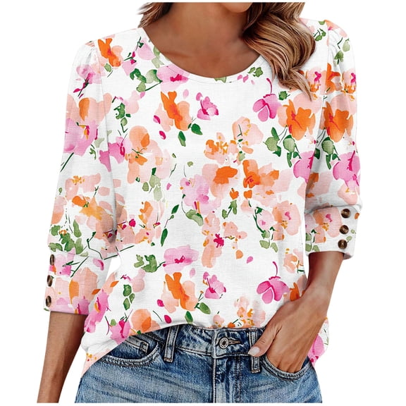 Vetsdori Womens Tops Button up Casual Pullover Graphic Tunic,3/4 Sleeve Plus Size Summer Blouses for Womens Crew Neck