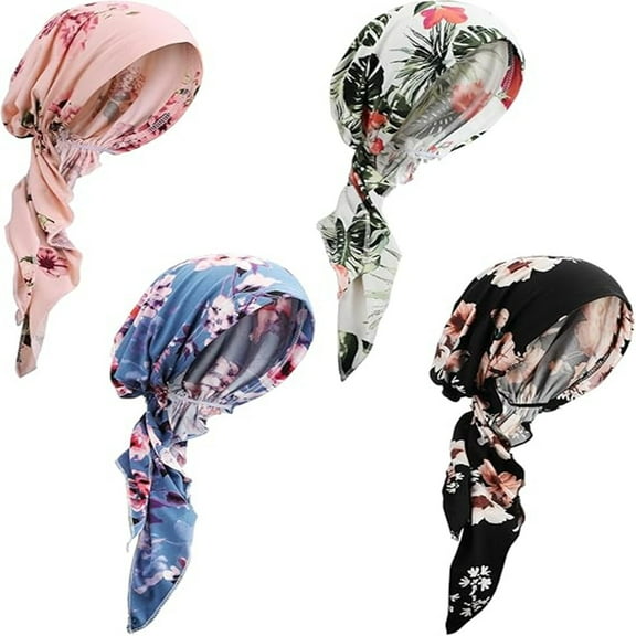 4 pcs Chemo Headwear for Women Pre Tied Cancer Caps Cotton Scarf Skullie Beanie Clothing Accessory for Women