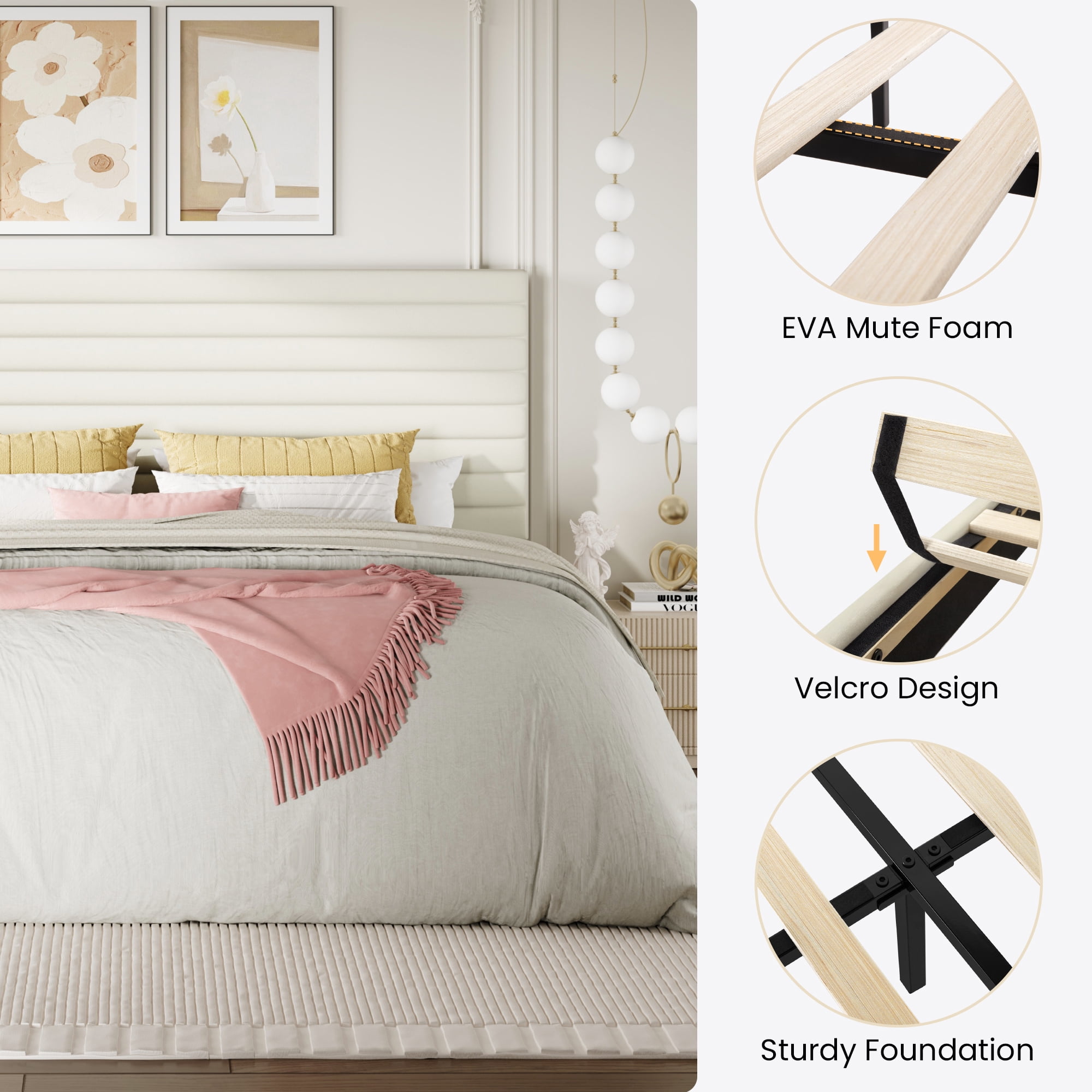 Sha Cerlin King Size Platform Bed Frame with Velvet Adjustable Headboard, No Box Spring Needed, Cream White