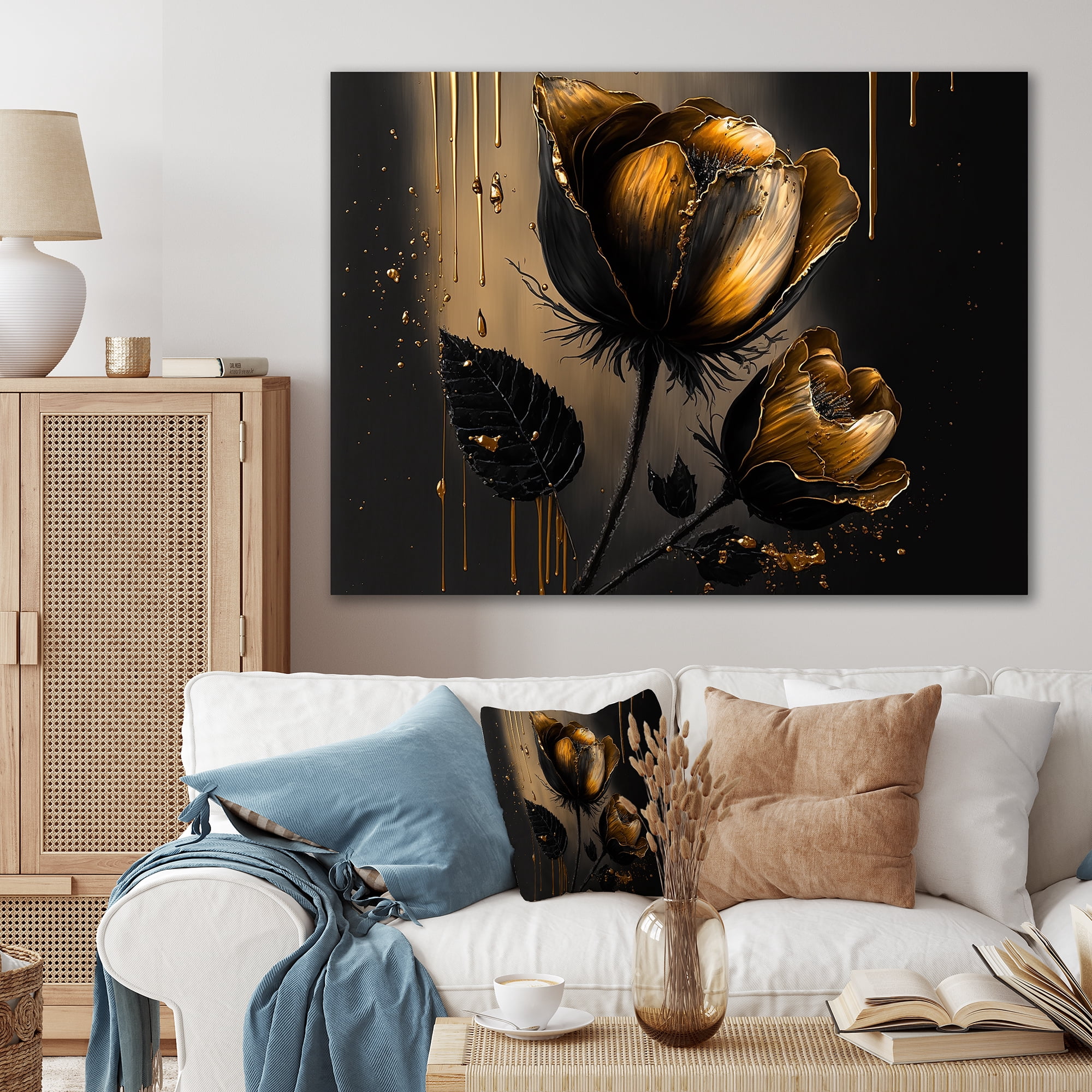 Designart Black And Gold Crocus Floral Design III Canvas Wall Art